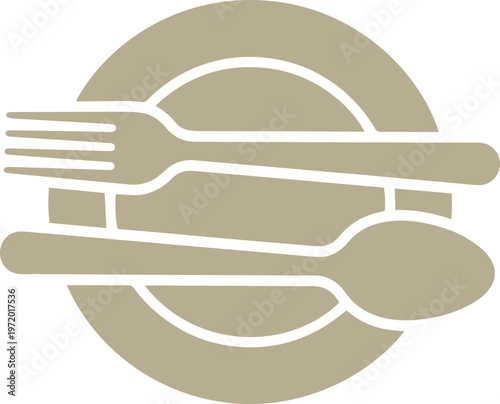 ミニマルな食器のベクターイラスト、プレートとカトラリーが一体となったシンプルなデザイン。レストラン、カフェ、フードサービス業界向けのロゴやアイコンに最適な、洗練された食卓のシンボル。