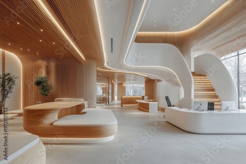 White and wooden open space office interior, designed for a clean, minimalist work environment, Generative AI