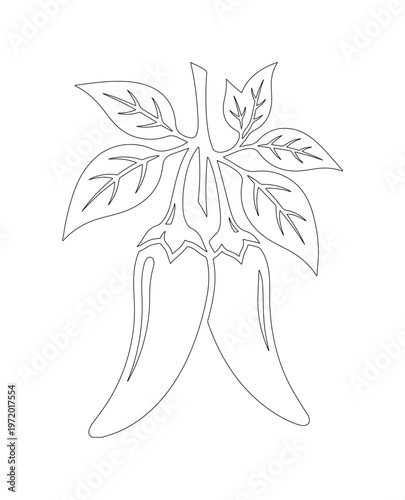 手描き風の唐辛子イラストレーション、辛味と風味を象徴するシンプルな線画ベクター素材。料理、食品、スパイス関連デザインに最適な、白黒で描かれたチリペッパーのアイコン。