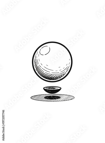 Abstract illustration of floating sphere and disc on black background