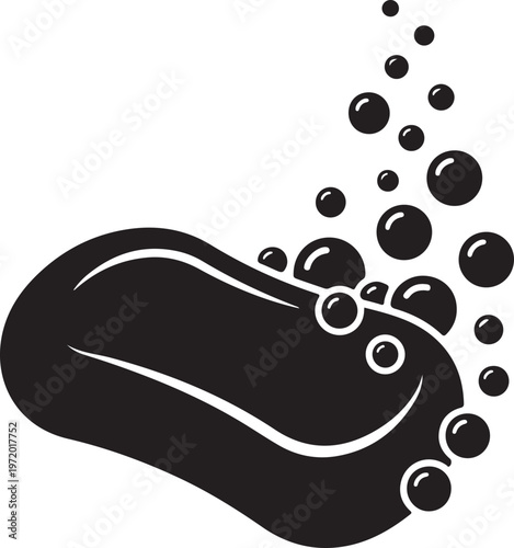 Black silhouette of a bar of soap with rising bubbles, representing cleanliness and hygiene.