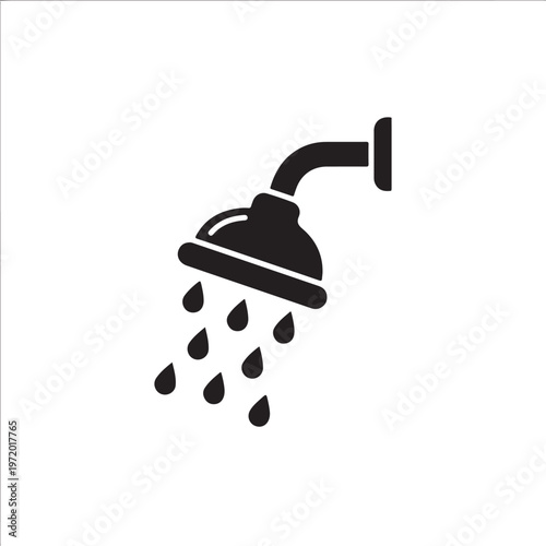 Black silhouette of a shower head with water droplets falling down, bathroom icon