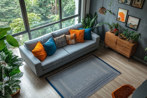 Top view of a stylish living room interior with a couch and commode, featuring a window to enhance the space's natural light, Generative AI