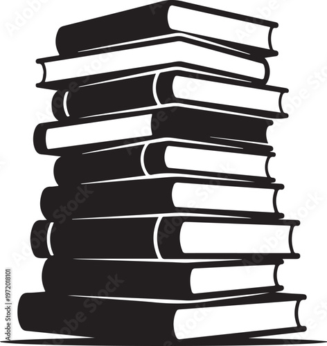 Stack of black books with white pages and spines on a light background.
