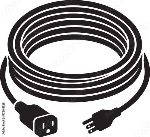 Black coiled electrical extension cord with male and female plugs on light background.