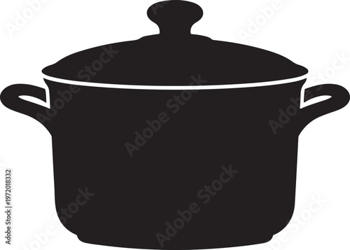 Black silhouette of a cooking pot with lid and handles on a white background.