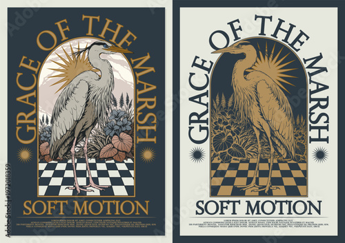 Vintage Heron Swamp Floral Illustration for T Shirt Print Poster Label Design Template