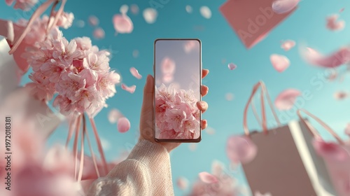 Close up hand holding mobile phone with empty screen against colorful shopping bags falling with sakura tree on color background,spring season sale, shopping online season,space for text.