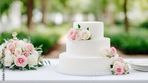 Three-tiered wedding cake adorned with pink and white roses, placed on a white tablecloth in a lush outdoor garden setting, surrounded by greenery and soft natural lighting