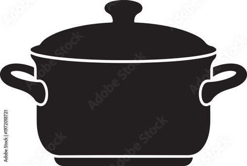 Black silhouette of a cooking pot with lid and handles on a white background.