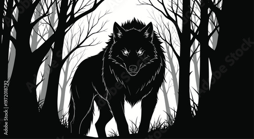 Black Wolf Standing in Dark Forest with Bare Trees