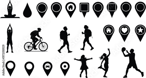 Black Silhouettes of People Exercising and Location Icons on White Background