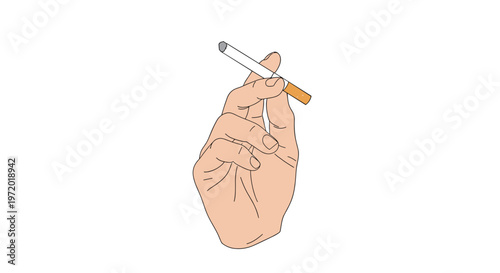 Human hand holding lit cigarette between fingers against white background representing tobacco use and smoking addiction health risks.