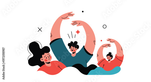 Group of people practicing synchronized gymnastics or yoga exercises with arms raised representing physical fitness and community health.