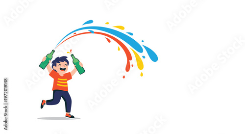 Excited young boy running and spraying colorful liquid from two soda bottles representing celebration and refreshment joy.