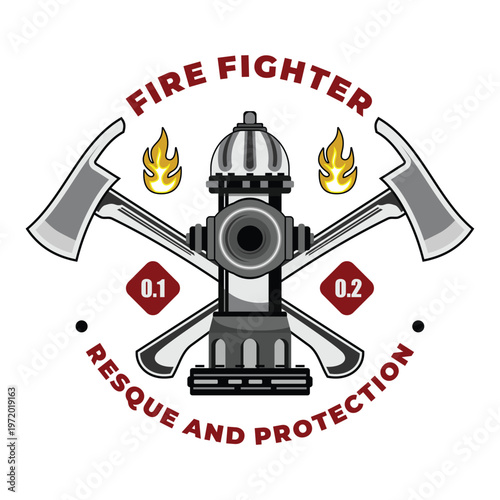 Artwork of fire department logo with hydrant, yellow flames and metal axes fire fighter rescue emblem