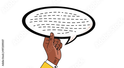Human hand holding large blank oval speech bubble with dashed lines for custom text communication or social activism message.