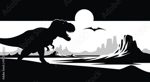 Tyrannosaurus Rex Walking Cityscape Silhouette at Sunset