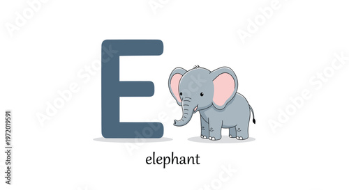 Alphabet letter E illustrated with a cute cartoon elephant for early childhood education and literacy learning in school.