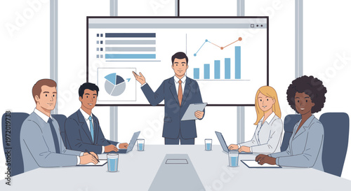 Diverse business team collaborating in a modern conference room, analyzing financial data and market trends during a corporate presentation.