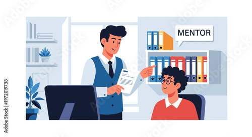 Professional mentor guiding a young employee in an office setting, offering advice and support for career development and growth.