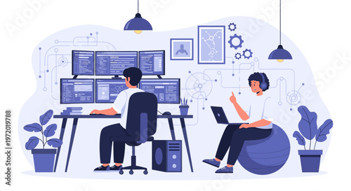 Two tech professionals collaborating in a modern digital office, focused on coding, software development, and data analysis across multiple screens, showcasing innovation.