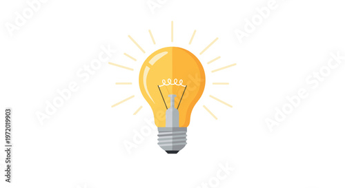 Classic yellow light bulb glowing with bright rays to represent a new idea, creative thinking, inspiration, and successful solutions.