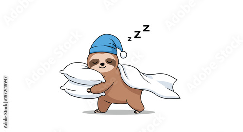 Adorable sloth character carrying pillows and wearing a nightcap while walking in his sleep representing rest, dreams, and fatigue.