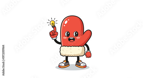 Cute red mitten character with a white fuzzy trim having a bright idea with a glowing light bulb above its raised finger.
