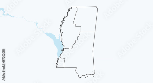 Simple black outline map showing the borders of Mississippi state and its counties for geography, education, or travel planning.