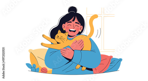 Happy woman laughing while hugging her orange pet cat with love and affection in a cozy home environment for pet owners.
