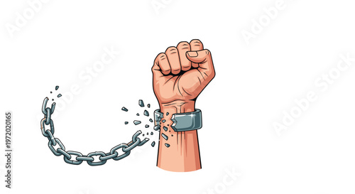 Powerful illustration of a raised fist breaking free from metal chains symbolizing liberation, freedom, and overcoming struggle.