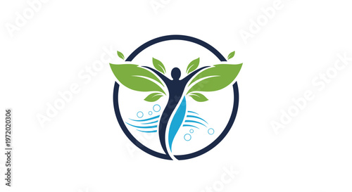 Holistic wellness logo design featuring a human figure silhouette integrated with green leaves and blue water waves inside a circular frame.