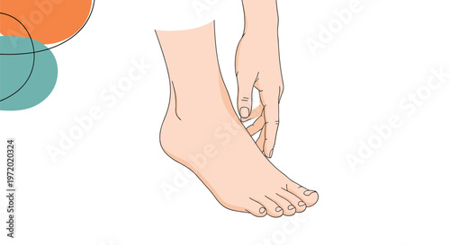 Close up of a person's hand touching their foot indicating care, massage, or checking for skin issues or injuries on a plain background.