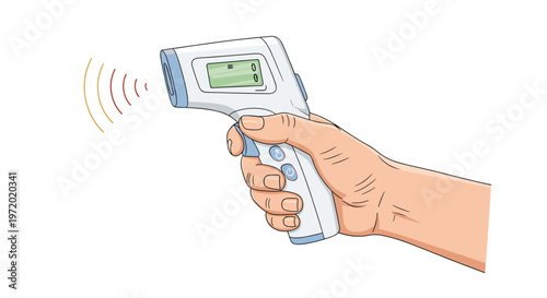 Hand holding a non-contact digital infrared forehead thermometer used for medical body temperature screening in clinics or at home.