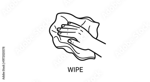 Line art illustration showing a hand using a cloth to wipe a surface with the word wipe written below for cleaning instructions.