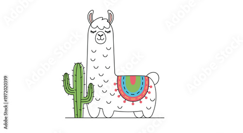 Cute cartoon llama standing next to a green cactus wearing a vibrant multicolored saddle cloth on a white background with line art.
