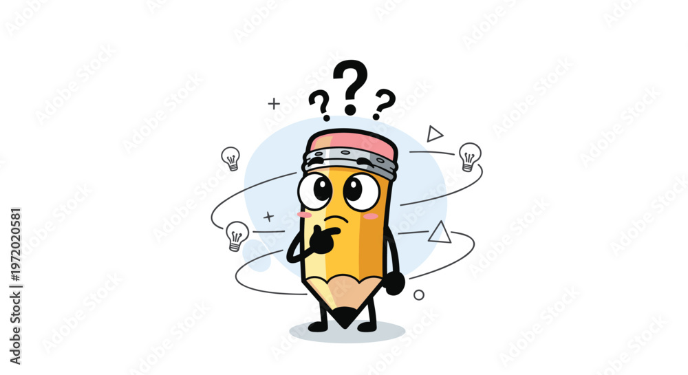 Fototapeta premium Cute pencil character standing with a hand on its chin and question marks overhead representing confusion, doubt, or the creative process.