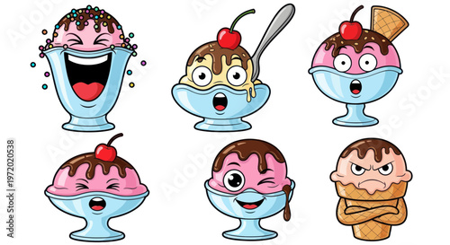 Funny Cartoon Ice Cream Sundae Characters with Different Emotions