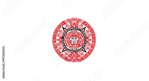 Aztec Sun Stone Calendar Symbol, Ancient Mesoamerican Art, Red and Black Graphic