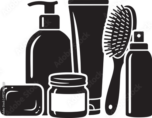 Assorted personal care products including soap, lotion, cream, and hairbrush in black silhouette