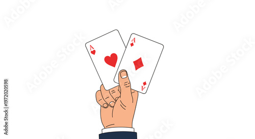 Hand in a business suit holding two ace playing cards from a deck representing a winning hand, gambling, luck, or strategic advantage.