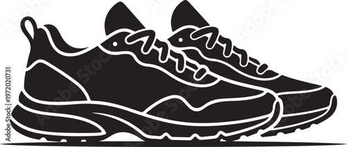 A minimalist black and white illustration of a pair of sneakers on a plain background.