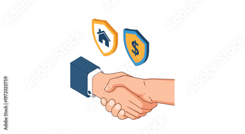 Handshake between two people in business attire with shields containing house and dollar sign icons representing an insurance agreement or deal.