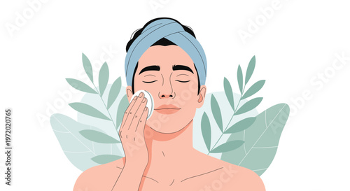 Young man wearing a blue headband cleaning his face with a cotton pad as part of his skincare routine surrounded by green leaves.