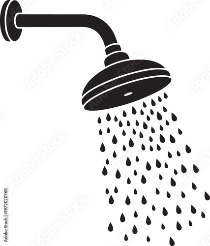 Black shower head with water droplets falling, bathroom icon, simple illustration