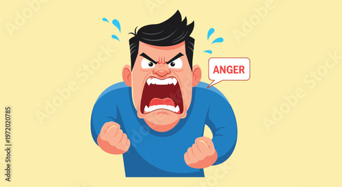 Furious man character with a red face screaming loudly with fists clenched and a thought bubble saying anger against a yellow background.