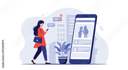 Stylish young woman with a handbag walking past a giant smartphone screen while using her own phone for social media or messaging.