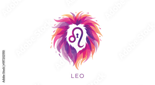 Artistic Leo zodiac sign logo featuring a colorful lion's mane made of purple and pink feathers with a golden keyhole in the center.
