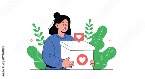 Smiling young woman in a blue sweater holding a white donation box with heart symbols surrounded by green leaves to promote charity.